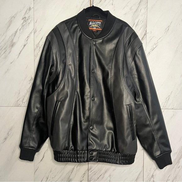 Just Don All City Roster Varsity Snap Button Black Leather Jacket SZ L - Picture 2 of 6